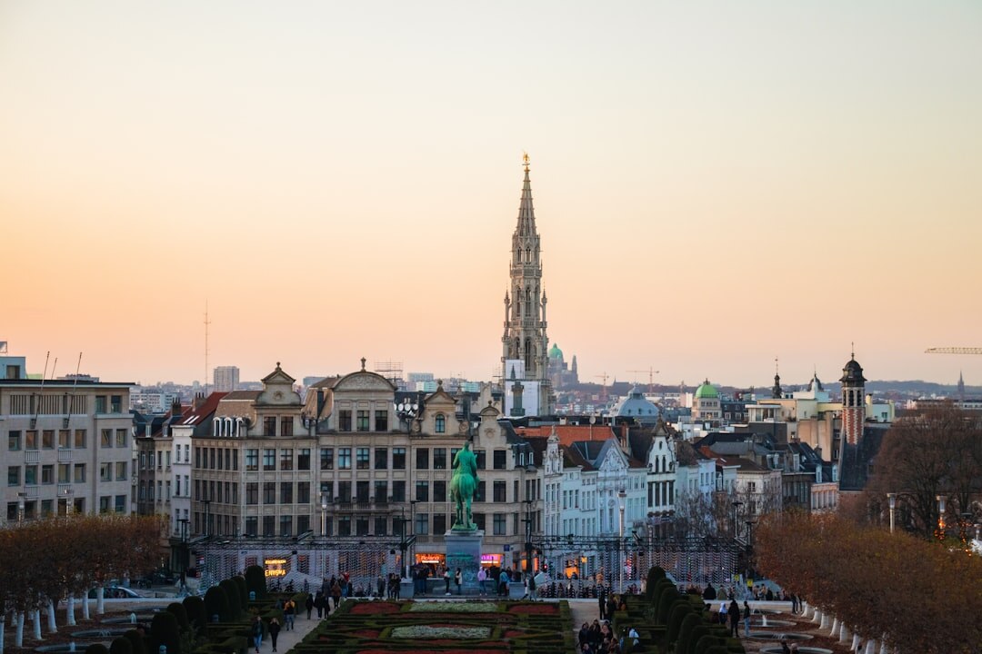 Brussels business district skyline with modern office towers at dusk